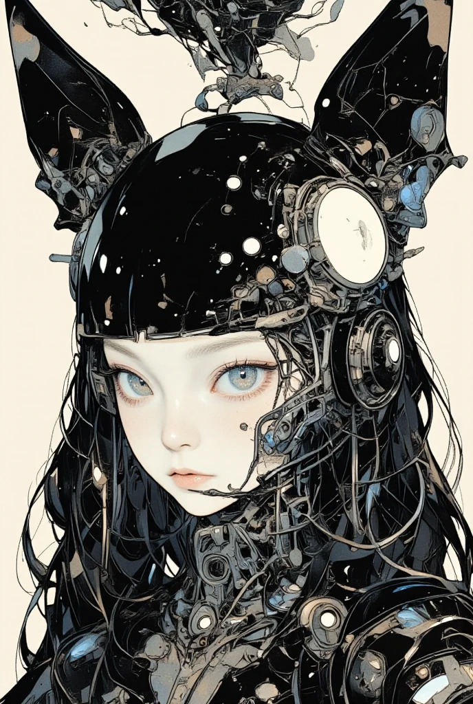  There is a picture of a neutral person wearing a bat hat, Illustration by Momoko Shinoda , surrealism, style of hajime Empty Mountain,  graphic details , Empty Mountain. occult art , hajime Empty Mountain designed girl, shohei otomo,  very very unrealistic , Virgil Finlay's style, Asymmetric! Cyborg Portrait ,ゴシックホラーoccult art 