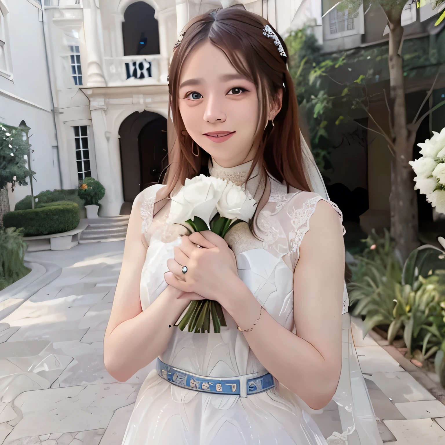 A stunningly beautiful 20-year-old woman standing in the courtyard of a luxurious mansion under a clear blue sky. She is wearing a white and blue wedding dress and holds a red bouquet with both hands in front of her chest. She looks very happy, with a radiant and joyful expression.