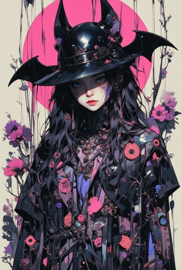  There is a picture of a neutral person wearing a bat hat, Illustration by Momoko Shinoda , surrealism, style of hajime Empty Mountain,  graphic details , Empty Mountain. occult art , hajime Empty Mountain designed girl, shohei otomo,  very very unrealistic , Virgil Finlay's style, Asymmetric! Cyborg Portrait ,ゴシックホラーoccult art 