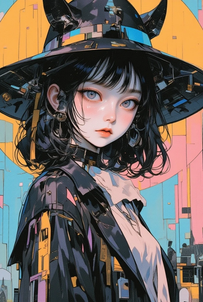  There is a picture of a neutral person wearing a bat hat, Illustration by Momoko Shinoda , surrealism, style of hajime Empty Mountain,  graphic details , Empty Mountain. occult art , hajime Empty Mountain designed girl, shohei otomo,  very very unrealistic , Virgil Finlay's style, Asymmetric! Cyborg Portrait ,ゴシックホラーoccult art 