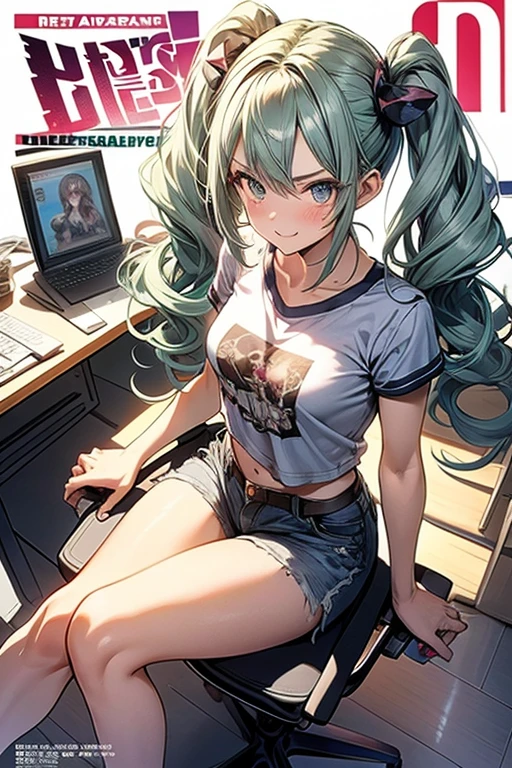 (masterpiece), (best quality), detailed, 1 girl, soro, twintails, long wavy hair twintails.hairs between eyes,dark green eyes ,dark green hair, smile, masterpiece, best quality, newest, (from below:1.2),(perky chest:1.2), (pointed chest:1.2),(from below:1.2,Best Quality),a girl , platinum color hair、bartender uniform,Purplish blue eyes that dreamers desire, ((Otaku girl)),gloomy, messy hair, hair over eyes, long hair, blushing face,armpits hair, (harf sleeve t-shirt),shorts, sitting on gaming chair, dirty room,playing PC-game,small breasts, skinny,open mouth, (otaku game magazine cover:1.3),(with sparkling eyes and a contagious smile),her thin pubic hair:1.2, looking at viewer


