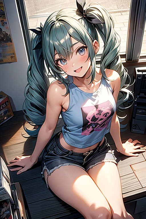 (masterpiece), (best quality), detailed, 1 girl, soro, twintails, long wavy hair twintails.hairs between eyes,dark green eyes ,dark green hair, smile, masterpiece, best quality, newest, (from below:1.2),(perky chest:1.2), (pointed chest:1.2),(from below:1.2,Best Quality),a girl , platinum color hair、bartender uniform,Purplish blue eyes that dreamers desire, ((Otaku girl)),gloomy, messy hair, hair over eyes, long hair, blushing face,armpits hair, (harf sleeve t-shirt),shorts, sitting on gaming chair, dirty room,playing PC-game,small breasts, skinny,open mouth, (otaku game magazine cover:1.3),(with sparkling eyes and a contagious smile),her thin pubic hair:1.2, looking at viewer


