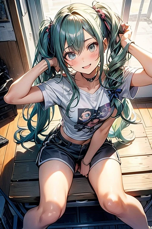 (masterpiece), (best quality), detailed, 1 girl, soro, twintails, long wavy hair twintails.hairs between eyes,dark green eyes ,dark green hair, smile, masterpiece, best quality, newest, (from below:1.2),(perky chest:1.2), (pointed chest:1.2),(from below:1.2,Best Quality),a girl , platinum color hair、bartender uniform,Purplish blue eyes that dreamers desire, ((Otaku girl)),gloomy, messy hair, hair over eyes, long hair, blushing face,armpits hair, (harf sleeve t-shirt),shorts, sitting on gaming chair, dirty room,playing PC-game,small breasts, skinny,open mouth, (otaku game magazine cover:1.3),(with sparkling eyes and a contagious smile),her thin pubic hair:1.2, looking at viewer


