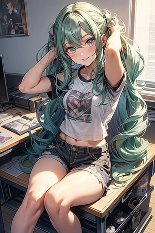 (masterpiece), (best quality), detailed, 1 girl, soro, twintails, long wavy hair twintails.hairs between eyes,dark green eyes ,dark green hair, smile, masterpiece, best quality, newest, (from below:1.2),(perky chest:1.2), (pointed chest:1.2),(from below:1.2,Best Quality),a girl , platinum color hair、bartender uniform,Purplish blue eyes that dreamers desire, ((Otaku girl)),gloomy, messy hair, hair over eyes, long hair, blushing face,armpits hair, (harf sleeve t-shirt),shorts, sitting on gaming chair, dirty room,playing PC-game,small breasts, skinny,open mouth, (otaku game magazine cover:1.3),(with sparkling eyes and a contagious smile),her thin pubic hair:1.2, looking at viewer


