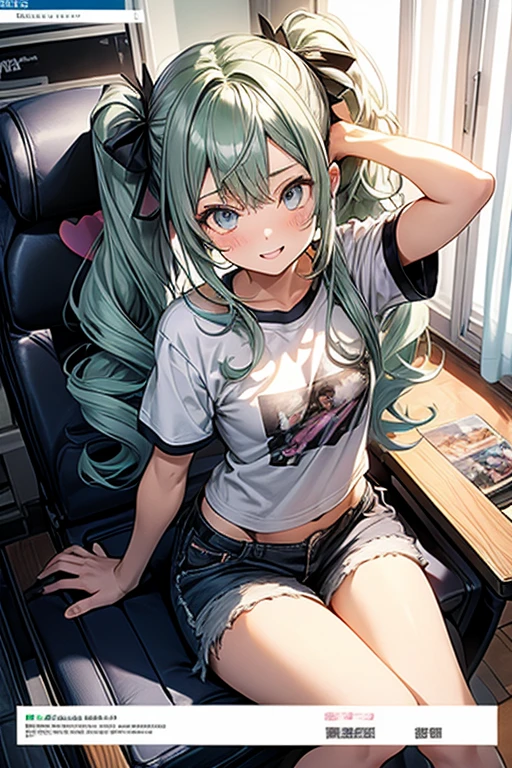 (masterpiece), (best quality), detailed, 1 girl, soro, twintails, long wavy hair twintails.hairs between eyes,dark green eyes ,dark green hair, smile, masterpiece, best quality, newest, (from below:1.2),(perky chest:1.2), (pointed chest:1.2),(from below:1.2,Best Quality),a girl , platinum color hair、bartender uniform,Purplish blue eyes that dreamers desire, ((Otaku girl)),gloomy, messy hair, hair over eyes, long hair, blushing face,armpits hair, (harf sleeve t-shirt),shorts, sitting on gaming chair, dirty room,playing PC-game,small breasts, skinny,open mouth, (otaku game magazine cover:1.3),(with sparkling eyes and a contagious smile),her thin pubic hair:1.2, looking at viewer


