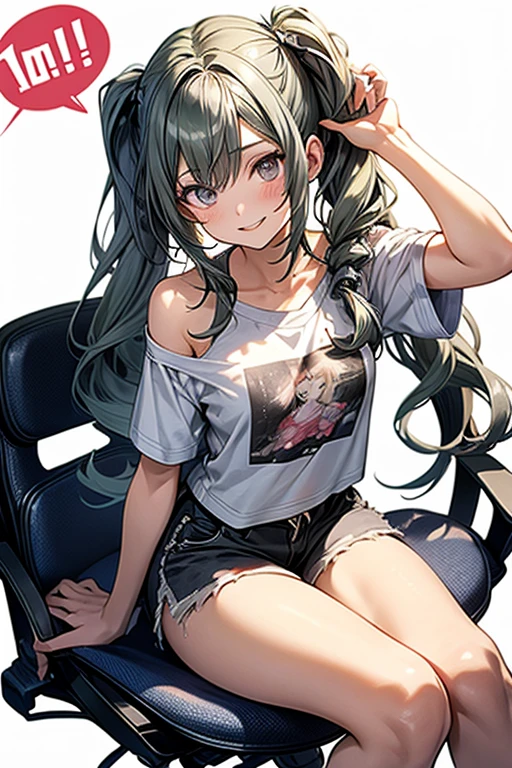 (masterpiece), (best quality), detailed, 1 girl, soro, twintails, long wavy hair twintails.hairs between eyes,dark green eyes ,dark green hair, smile, masterpiece, best quality, newest, (from below:1.2),(perky chest:1.2), (pointed chest:1.2),(from below:1.2,Best Quality),a girl , platinum color hair、bartender uniform,Purplish blue eyes that dreamers desire, ((Otaku girl)),gloomy, messy hair, hair over eyes, long hair, blushing face,armpits hair, (harf sleeve t-shirt),shorts, sitting on gaming chair, dirty room,playing PC-game,small breasts, skinny,open mouth, (otaku game magazine cover:1.3),(with sparkling eyes and a contagious smile),her thin pubic hair:1.2, looking at viewer


