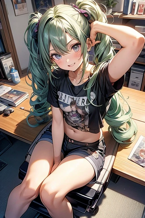 (masterpiece), (best quality), detailed, 1 girl, soro, twintails, long wavy hair twintails.hairs between eyes,dark green eyes ,dark green hair, smile, masterpiece, best quality, newest, (from below:1.2),(perky chest:1.2), (pointed chest:1.2),(from below:1.2,Best Quality),a girl , platinum color hair、bartender uniform,Purplish blue eyes that dreamers desire, ((Otaku girl)),gloomy, messy hair, hair over eyes, long hair, blushing face,armpits hair, (harf sleeve t-shirt),shorts, sitting on gaming chair, dirty room,playing PC-game,small breasts, skinny,open mouth, (otaku game magazine cover:1.3),(with sparkling eyes and a contagious smile),her thin pubic hair:1.2, looking at viewer


