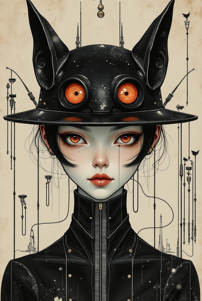  There is a picture of a neutral person wearing a bat hat, Illustration by Momoko Shinoda , surrealism, style of hajime Empty Mountain,  graphic details , Empty Mountain. occult art , hajime Empty Mountain designed girl, shohei otomo,  very very unrealistic , Virgil Finlay's style, Asymmetric! Cyborg Portrait ,ゴシックホラーoccult art 