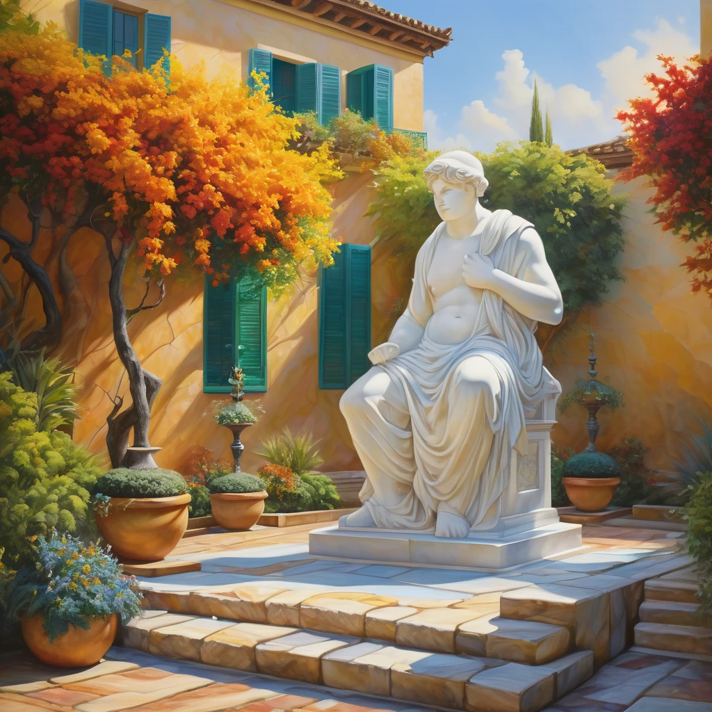 "Hyper-realistic acrylic painting. The average picture. "Marble sculpture in the style of Phidias:There is a snowman with a bucket in one hand and a broom in the other," A painting with a vibrant texture, vibrant and mystical colors. Dynamic lighting in warm golden hues and colorful gardens in the courtyard. Intricate walls and architecture. A soft, serene mist is rising. The best quality, a masterpiece of hyperrealism," 