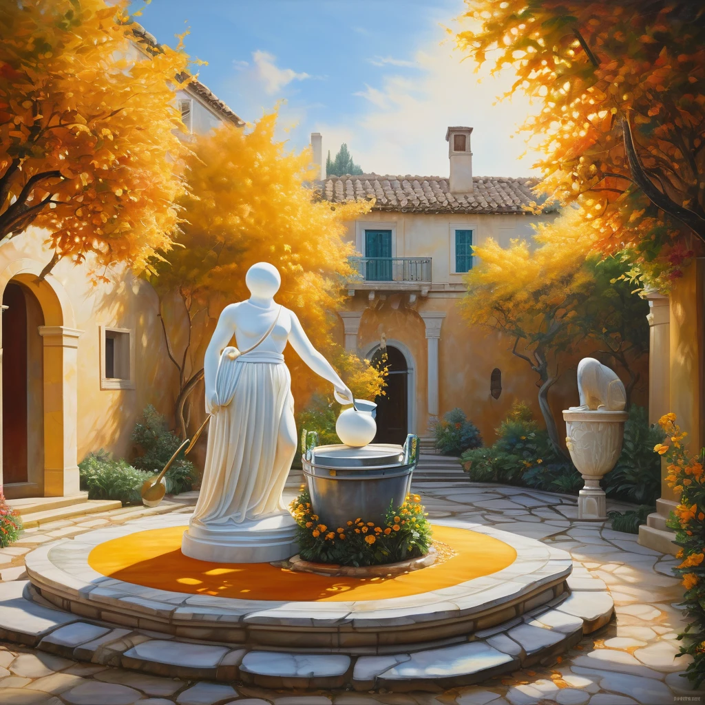 "Hyper-realistic acrylic painting. The average picture. "Marble sculpture in the style of Phidias:There is a snowman with a bucket in one hand and a broom in the other," A painting with a vibrant texture, vibrant and mystical colors. Dynamic lighting in warm golden hues and colorful gardens in the courtyard. Intricate walls and architecture. A soft, serene mist is rising. The best quality, a masterpiece of hyperrealism," 