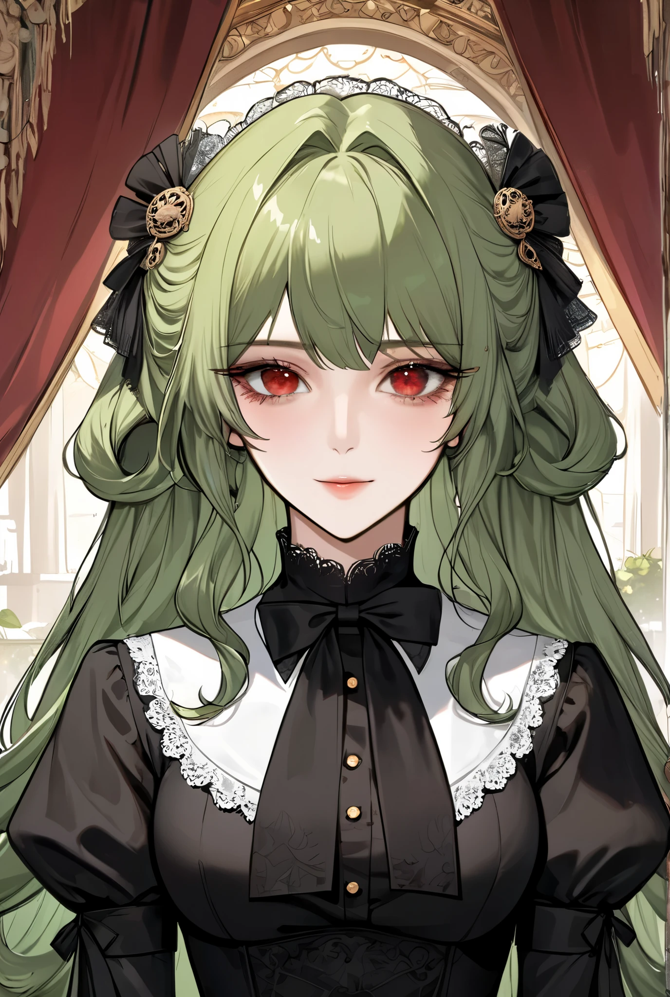 (extreamly delicate and beautiful:1.2), 8K,(masterpiece:1.0),(best_quality:1.0), 1 girl, and intricate detailing, Enlarged textures, and intricate detailing, finely eye and detailed face, and intricate detailing, green long curl hair, (sweet smiley), Perfect eyes, Equal eyes, red eyes (A famale god) with black victorian lady manhwa dress, look at camera, green long HAIR, Red EYES, green long HAIR, red EYES, Full body, mansion fantasy background, black victorian lady manhwa dress, s ago, perfect body, mansion fantasy background, hairpin