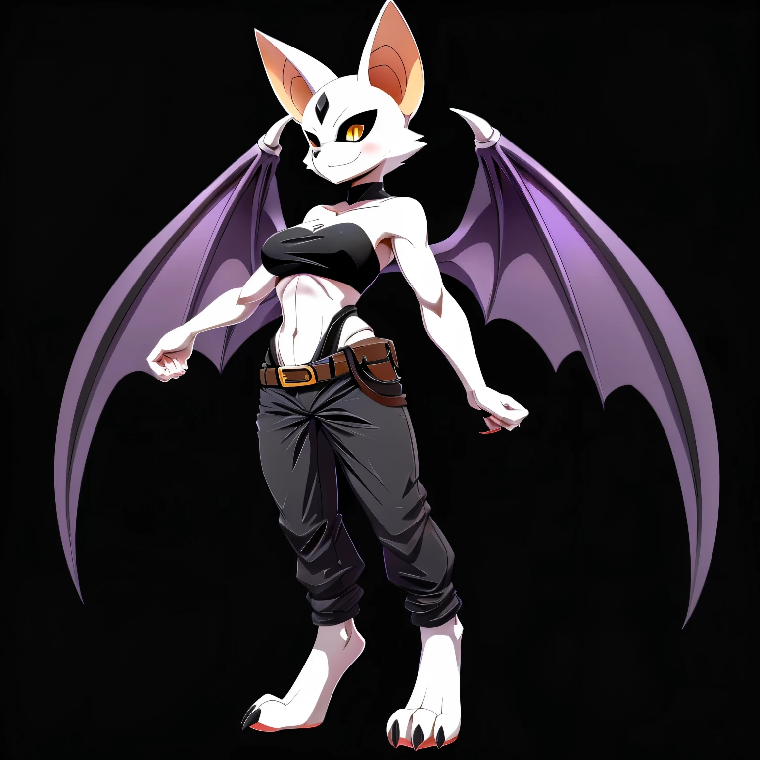 SFW version, anime, anime style, solo drawing, ((three-quarter view)), ((looking to the side)), full body picture, Anthro bat character, ((Tall figure)), ((buxom figure)), ((white skin)), clawed hands, ((clawed feet)), ((huge bat wings)), ((Purple Bat Wings)), ((white bat ears)), exposed belly, ((wearing belts on arms)), ((wearing loose black cloth pants)), wearing black halter top, ((white face)), neutral expression, bright yellow eyes, ((digitigrade legs)), ((digitigrade feet)), solid black background, dark background, highly detailed anime style, clean lines, beautiful demoness, female demon, gorgeous demon girl, attractive bat girl, ((hourglass figure)), short muzzle, furry cheeks, furry muzzle