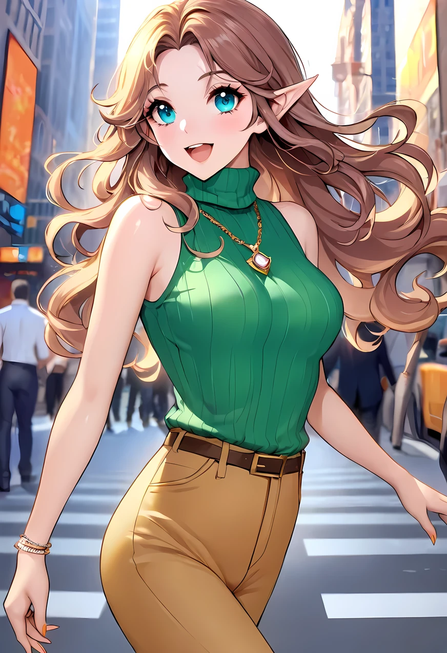 (Masterpiece, best quality ), beautiful women, Detailed Sleeveless Turtleneck Top, pants, necklace, wavy hair, perfect face, beautiful faces, enchantment, big beautiful eyes, open your mouth, happy , perfect slim fit body, ( outdoor), city streets, new york, bright color, elf woman in her 20s