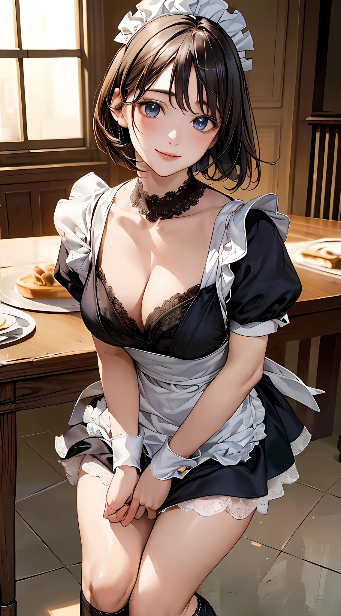 Best quality, masterpiece, HD digital photo of a sexy  girl, professional realistic animation style, a cat-eared girl in English very short maid outfit, upper body, standing back smiling looking at the camera, Cafe Background, soft lighting, warm colors, (((medium breast))), intricate details