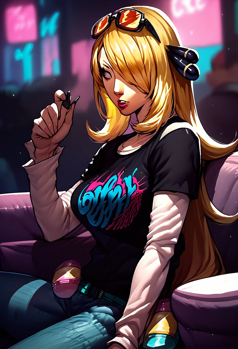 1 girl, sunglasses on head, lipstick, black t-shirt, clothes writing, layered sleeves, large breasts, jeans, Cynthia, blonde hair, hair over one eye