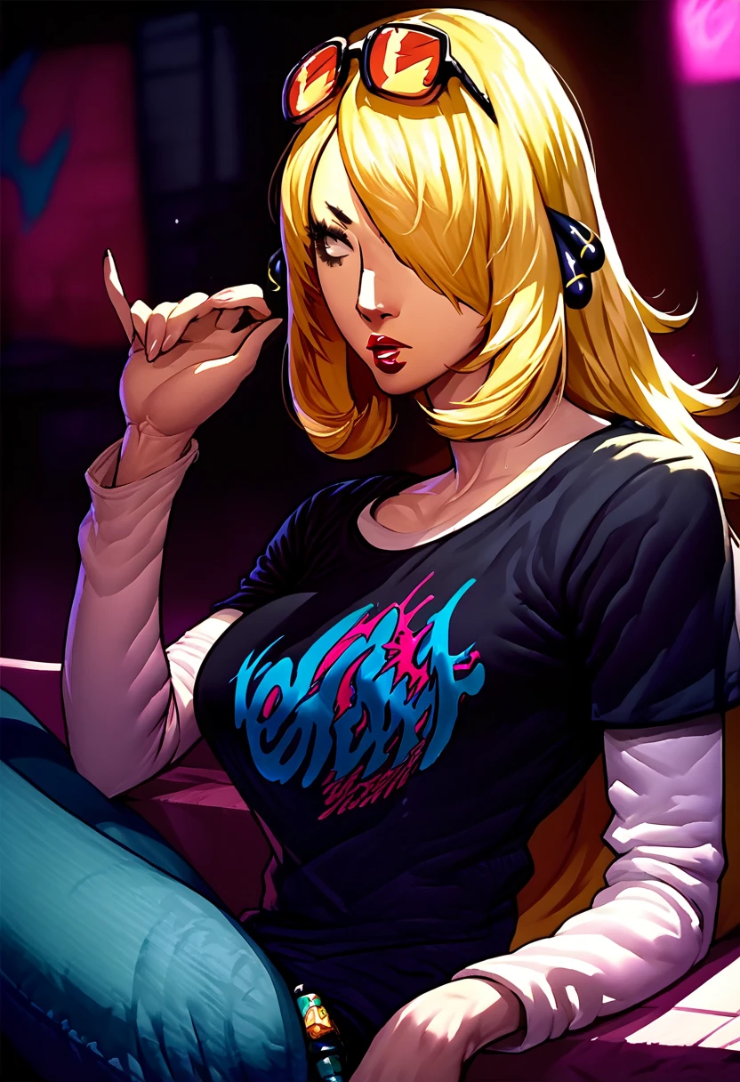 1 girl, sunglasses on head, lipstick, black t-shirt, clothes writing, layered sleeves, large breasts, jeans, Cynthia, blonde hair, hair over one eye