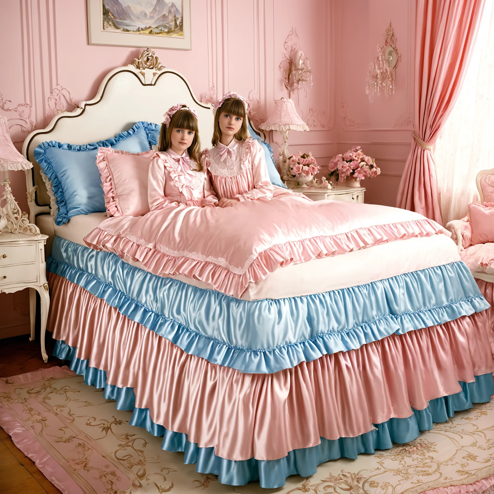 ((A cute girl on the bed)),(()),short tall,detailed baby face,small fa silk satiblouse and skirt,medium dress,detailed ribbons,detailed lace petticoat,long sleeves,frilled sleeves,,a bed with a mountain of pink silk satin pillows,canopy bed,king size bed,more big bed,lot of pink silk satin frilled pillows,more pillows, A plump qulited pink silk satin soft devet,devet decorated ribbons, ruffles lace silk.retro white pipe bed frame, realistic, blue eyes, rolled long blond hear,((Out of frame bigger king size bed:1.2)),