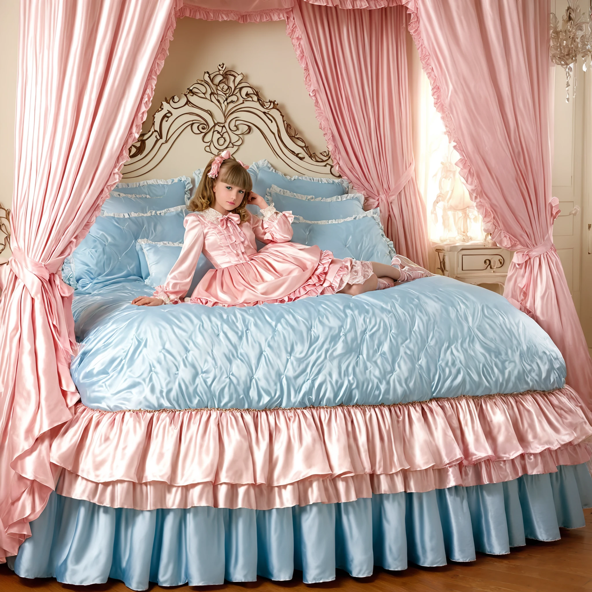 ((A cute girl on the bed)),(()),short tall,detailed baby face,small fa silk satiblouse and skirt,medium dress,detailed ribbons,detailed lace petticoat,long sleeves,frilled sleeves,,a bed with a mountain of pink silk satin pillows,canopy bed,king size bed,more big bed,lot of pink silk satin frilled pillows,more pillows, A plump qulited pink silk satin soft devet,devet decorated ribbons, ruffles lace silk.retro white pipe bed frame, realistic, blue eyes, rolled long blond hear,((Out of frame bigger king size bed:1.2)),