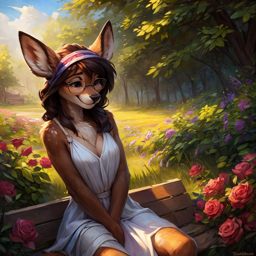uploaded on e621, watercolor look, by Pixelsketcher, by Bayard Wu, by Thomas Benjamin Kennington , by Einshelm, by hioshiru and kenket, Chunie, portrait, solo anthro female deer doe, with small featureless breasts, clear dark blue, cinematic lighting, day, sunny day, lavender field, stays in a wildflowers field, wildflowers field background, mediterranean background, horizon background, shiny, short curly dark brown hair, wears big black nerd glasses, very very beautiful furry art, furry art, smiling, joyful, shiny, happy, feminine, cute face, muzzle, fluffy chest, flawless face, Fallow deer, 1girl, Sakimichan is beautiful, Masterpiece, Wavethesallow Face, shiny, Detailed image, portrait, Detailed image, portrait, full body, wears pure white short spaghetti straps dress, wears a wildflowers crown, shiny, realistic face, perfect anatomy, hourglass body, (furry body:1.1), anthropomorphic deer, looks at the viewer, small fluffy tail, detailed background, (cute anatomy:1.1), stands in a wildflowers field, small tail, big smile
