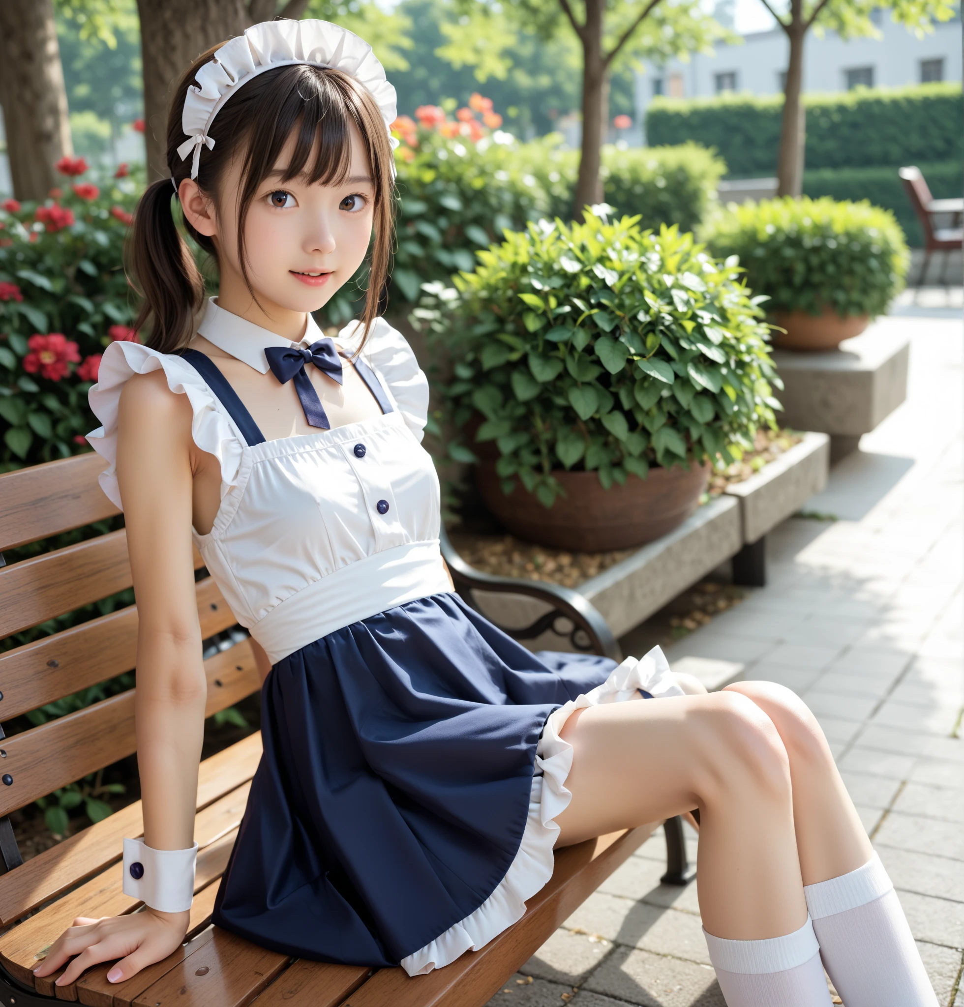  maid clothes ,university student,First Year,younger:0.5,skinny ,Lanky, anatomically correct, Cute Girl ,masterpiece,skinny ,Lanky, highest image quality taken by Ki,4K,8k,16k, dark brown eyes,Narrow shoulders:1.5,Thin arms,Young, short,130cm, Japanese, white knee-high socks,Spread your arms out to the sides,score_7_up ,rating_safe, big breasts:1.5, taken from the side,Thin legs, sit on a park bench