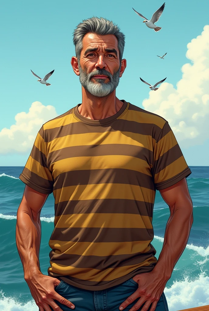 primer plano, create an image of a 38-year-old man with a beard and a lot of chest hair. He is wearing sunglasses. The man should have a confident and relaxed expression. The scene is a sunny beach with clear blue skies, soft white sand, and gentle waves in the background. The man is standing near the shoreline with the ocean behind him. He is dressed in casual beach attire, such as swim trunks and flip-flops. The image should be of the highest quality, with textured skin and realistic details.