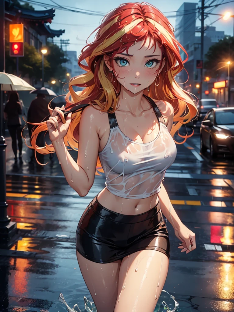 masterpeace, best quality, ((heavy rain)), (downpour, cloudburst), ((wet hair, wet body)), (girl's bottom), (blue panties), detailed skin, city street, evening, warm colors, (volumetric light, best shadows), reflections, highest quality