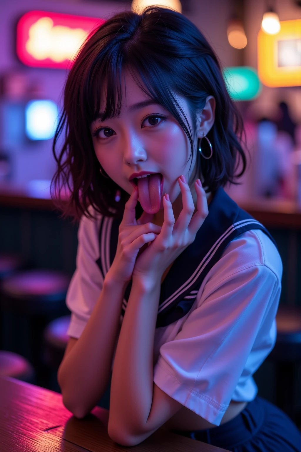 Inside Nightclub, (Raw photo: 1.2), of the highest quality, Beautiful detailed girl,  japanese,18years old,BREAK,(open mouth ,stick out tongue ,fellatio gesture:1.5),,BREAK,(Squint your eyes
,chuckle,erotick eyes,seductive eyes,long tongue,front lighting,:1.3),not too long tongue,BREAK,,(Lightly squeezed hand in front of mouth:1.5), very thin body,High resolution,allfours,8K Wallpaper,Highly detailed eyes and face, Beautiful detailed eyes, Fine detail, Highly detailed ticker uniform 8K wallpaper, Light on Face, Sexy Pose, (Photorealism: 1.4),bright place, From below, Super Detail, masterpiece,  On all fours,looking up,spot lighting,e,front lighting,,not open eyes large,Luminous and colorful lighting setup for model photography,lens flare,, cinematic lighting, ray tracing,(not bad anatomy:1.3)