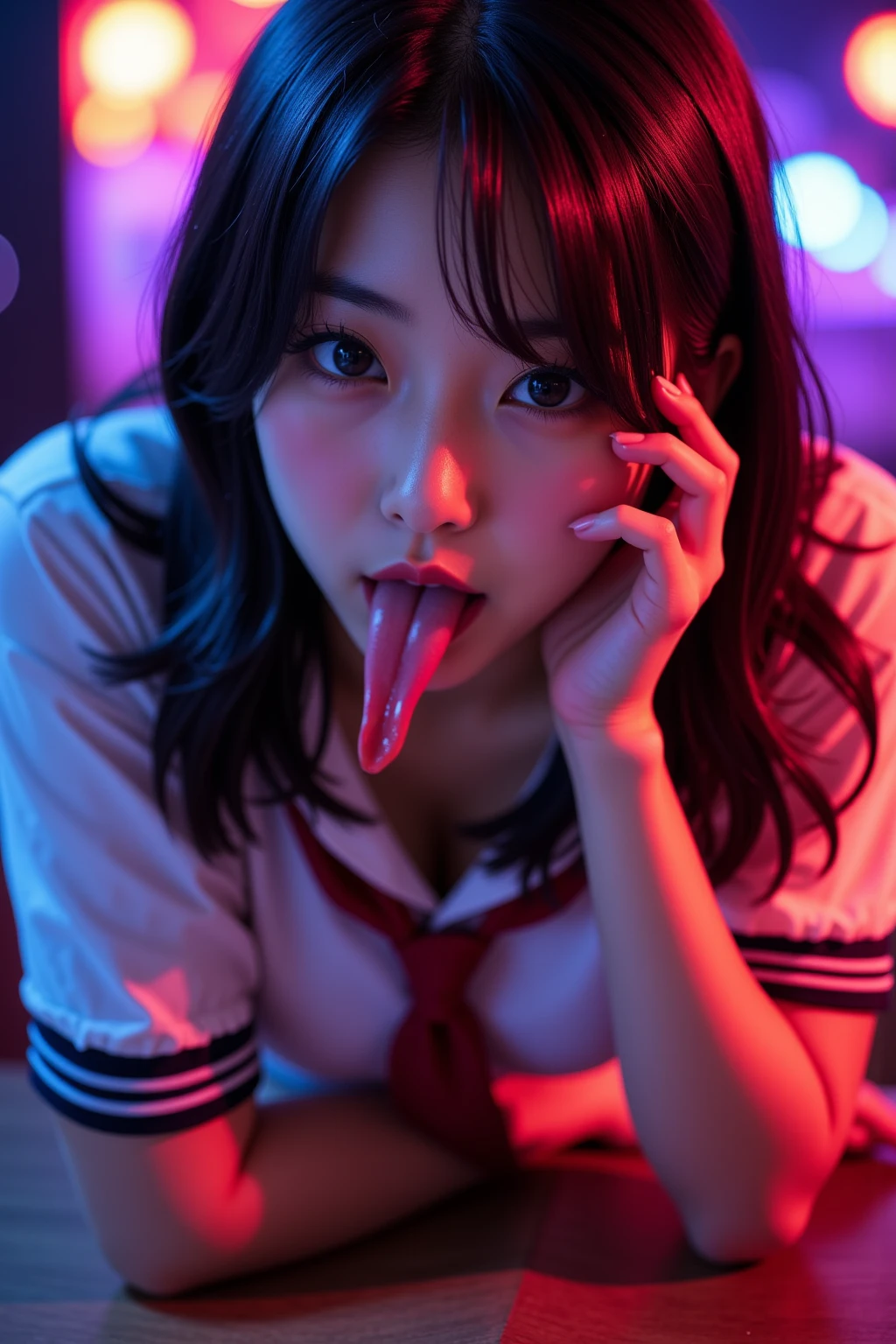 Inside Nightclub, (Raw photo: 1.2), of the highest quality, Beautiful detailed girl,  japanese,18years old,BREAK,(open mouth ,stick out tongue ,fellatio gesture:1.5),,BREAK,(Squint your eyes
,chuckle,erotick eyes,seductive eyes,long tongue,front lighting,:1.3),not too long tongue,BREAK,,(Lightly squeezed hand in front of mouth:1.5), very thin body,High resolution,allfours,8K Wallpaper,Highly detailed eyes and face, Beautiful detailed eyes, Fine detail, Highly detailed ticker uniform 8K wallpaper, Light on Face, Sexy Pose, (Photorealism: 1.4),bright place, From below, Super Detail, masterpiece,  On all fours,looking up,spot lighting,e,front lighting,,not open eyes large,Luminous and colorful lighting setup for model photography,lens flare,, cinematic lighting, ray tracing,(not bad anatomy:1.3)