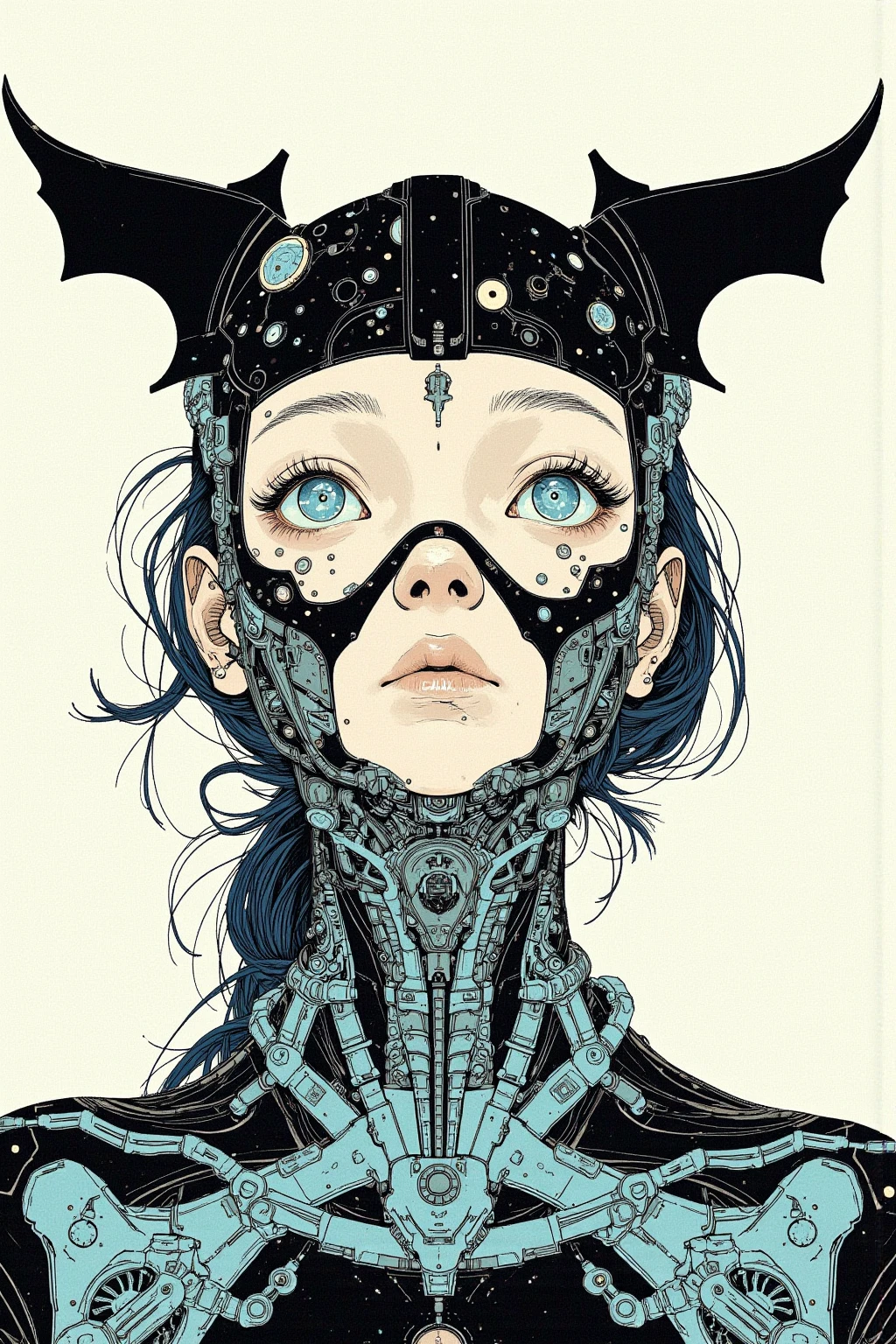  There is a picture of a neutral person wearing a bat hat, Illustration by Momoko Shinoda , surrealism, style of hajime Empty Mountain,  graphic details , Empty Mountain. occult art , hajime Empty Mountain designed girl, shohei otomo,  very very unrealistic , Virgil Finlay's style, Asymmetric! Cyborg Portrait ,ゴシックホラーoccult art 