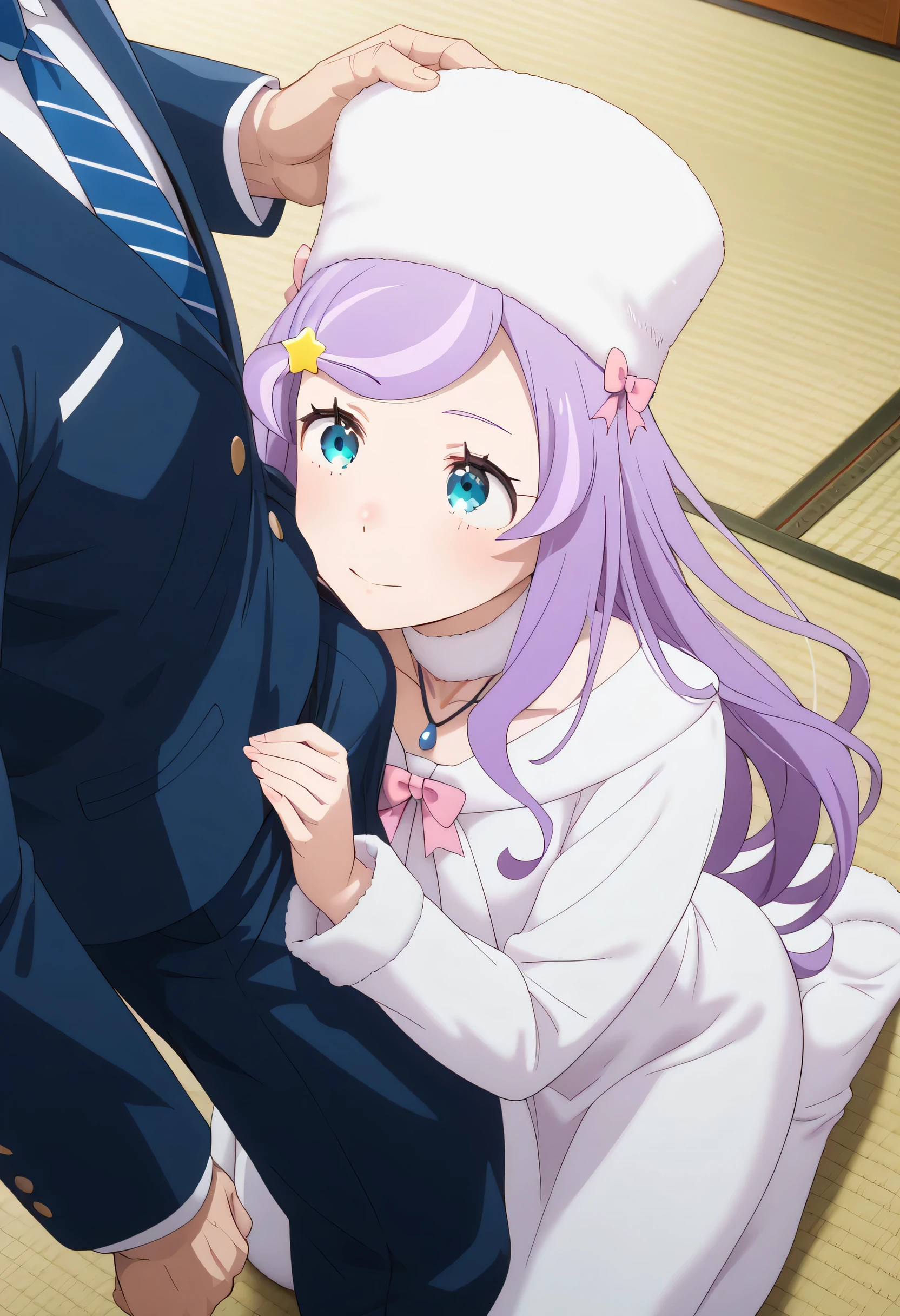 NSFW,handjob,,masterpiece, huge filesize,
anime coloring,
1girl, 1boy, hetero, head grab,from above , close up,bulge, erection,((kiss erection)), old japan house, tatami, on kneeling, looking at viewers , looking up, standing male,
score_9, score_8_up, score_7_up, source_anime, anastasia hoshin, long hair, blue eyes, purple hair, swept bangs,, hair ornament, long sleeves, hat, dress, bow, star (symbol), white dress, fur trim, white headwear, pink bow, pom pom (clothes), star hair ornament,Light smile,
BREAK
1boy, father,ugly man,suit,