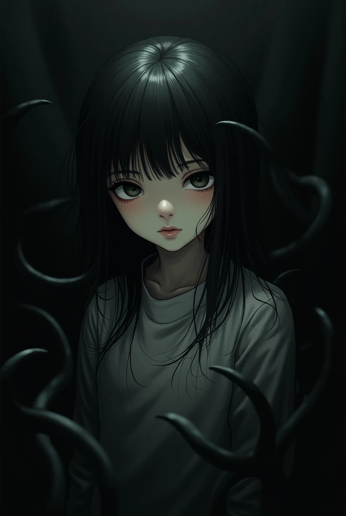 Female silhouette with black monochromatic skin tone, dark silhouette, fine details. anime. black tentacles around her, red eyes, anime art