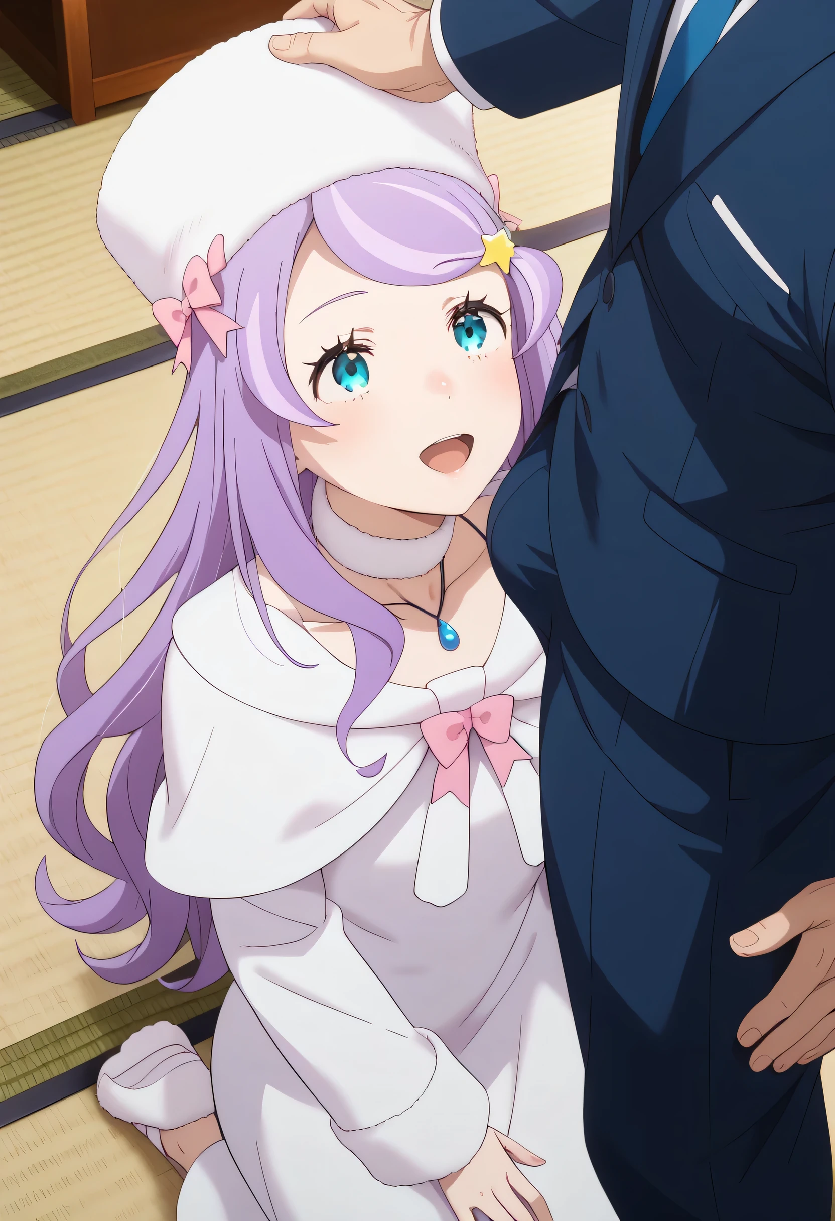 NSFW,handjob,,masterpiece, huge filesize,
anime coloring,
1girl, 1boy, hetero, head grab,from above , close up,bulge, erection,((kiss erection)), old japan house, tatami, on kneeling, looking at viewers , looking up, standing male,
score_9, score_8_up, score_7_up, source_anime, anastasia hoshin, long hair, blue eyes, purple hair, swept bangs,, hair ornament, long sleeves, hat, dress, bow, star (symbol), white dress, fur trim, white headwear, pink bow, pom pom (clothes), star hair ornament,Light smile,open mouth,
BREAK
1boy, father,ugly man,suit,