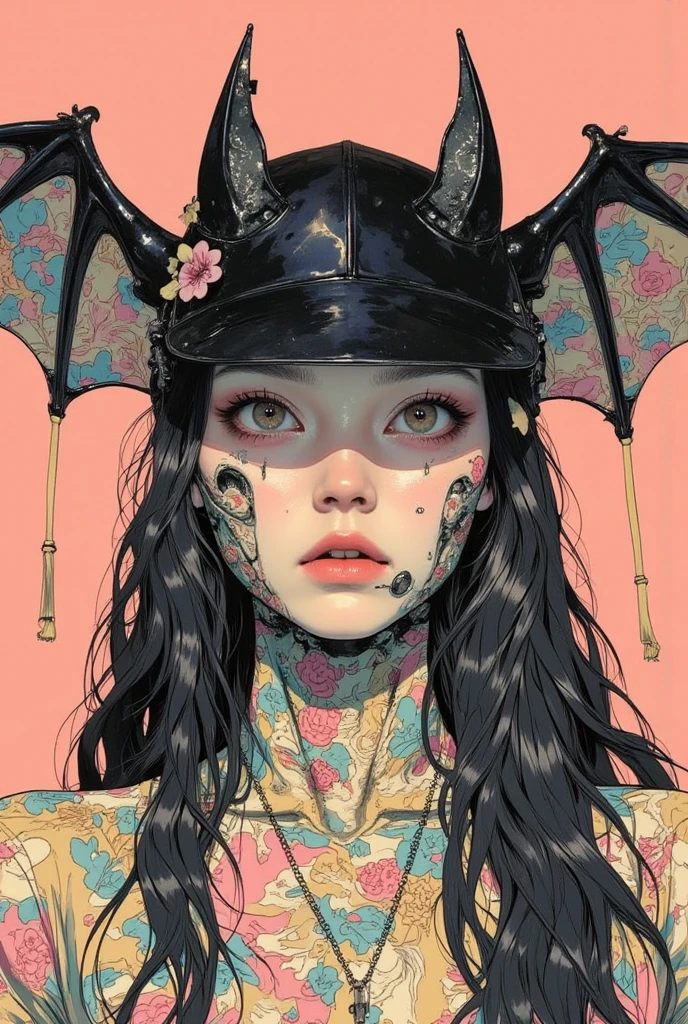  There is a picture of a neutral person wearing a bat hat, Illustration by Momoko Shinoda , surrealism, style of hajime Empty Mountain,  graphic details , Empty Mountain. occult art , hajime Empty Mountain designed girl, shohei otomo,  very very unrealistic , Virgil Finlay's style, Asymmetric! Cyborg Portrait ,ゴシックホラーoccult art 