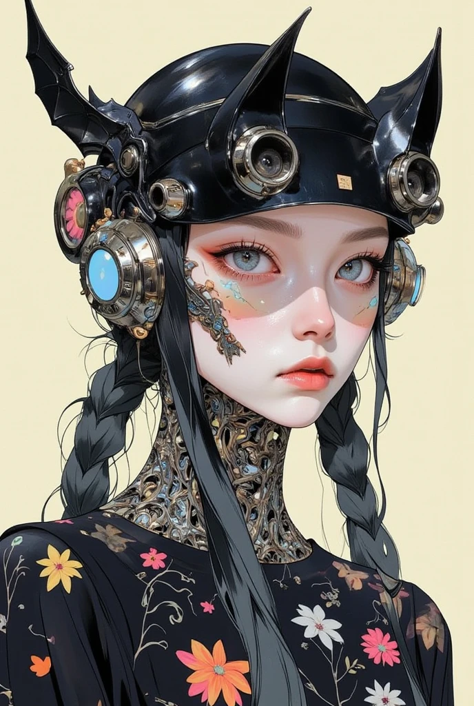  There is a picture of a neutral person wearing a bat hat, Illustration by Momoko Shinoda , surrealism, style of hajime Empty Mountain,  graphic details , Empty Mountain. occult art , hajime Empty Mountain designed girl, shohei otomo,  very very unrealistic , Virgil Finlay's style, Asymmetric! Cyborg Portrait ,ゴシックホラーoccult art 