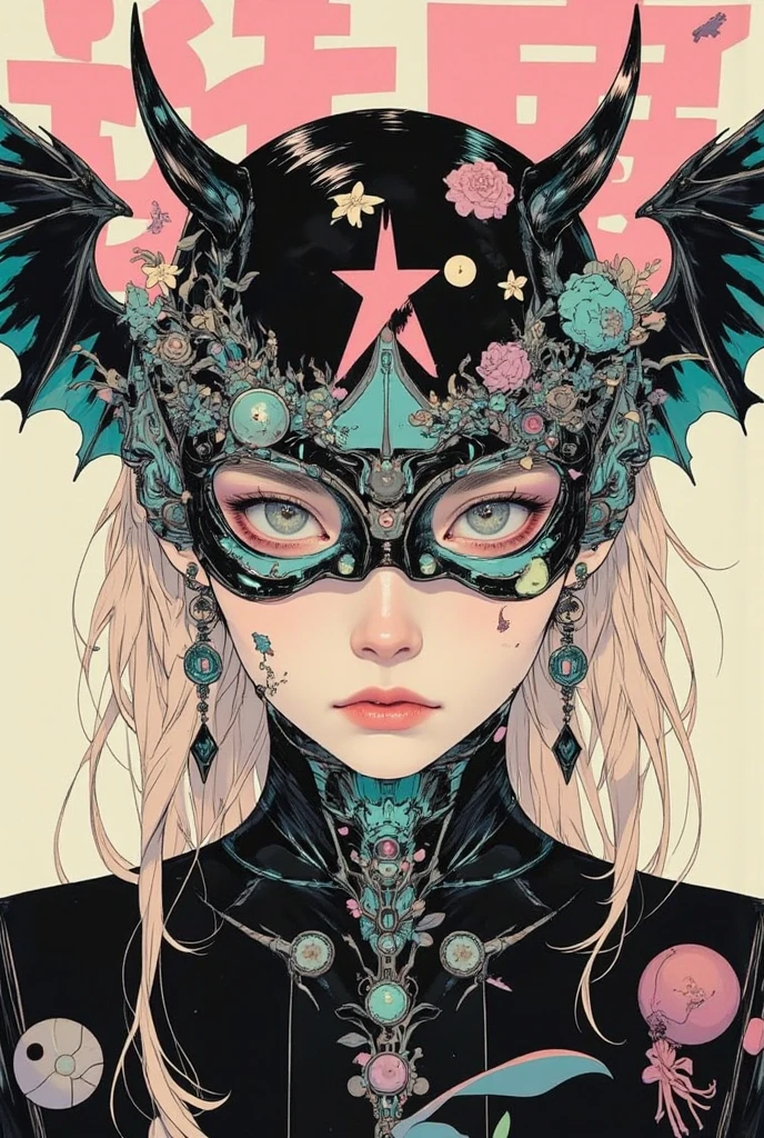  There is a picture of a neutral person wearing a bat hat, Illustration by Momoko Shinoda , surrealism, style of hajime Empty Mountain,  graphic details , Empty Mountain. occult art , hajime Empty Mountain designed girl, shohei otomo,  very very unrealistic , Virgil Finlay's style, Asymmetric! Cyborg Portrait ,ゴシックホラーoccult art 