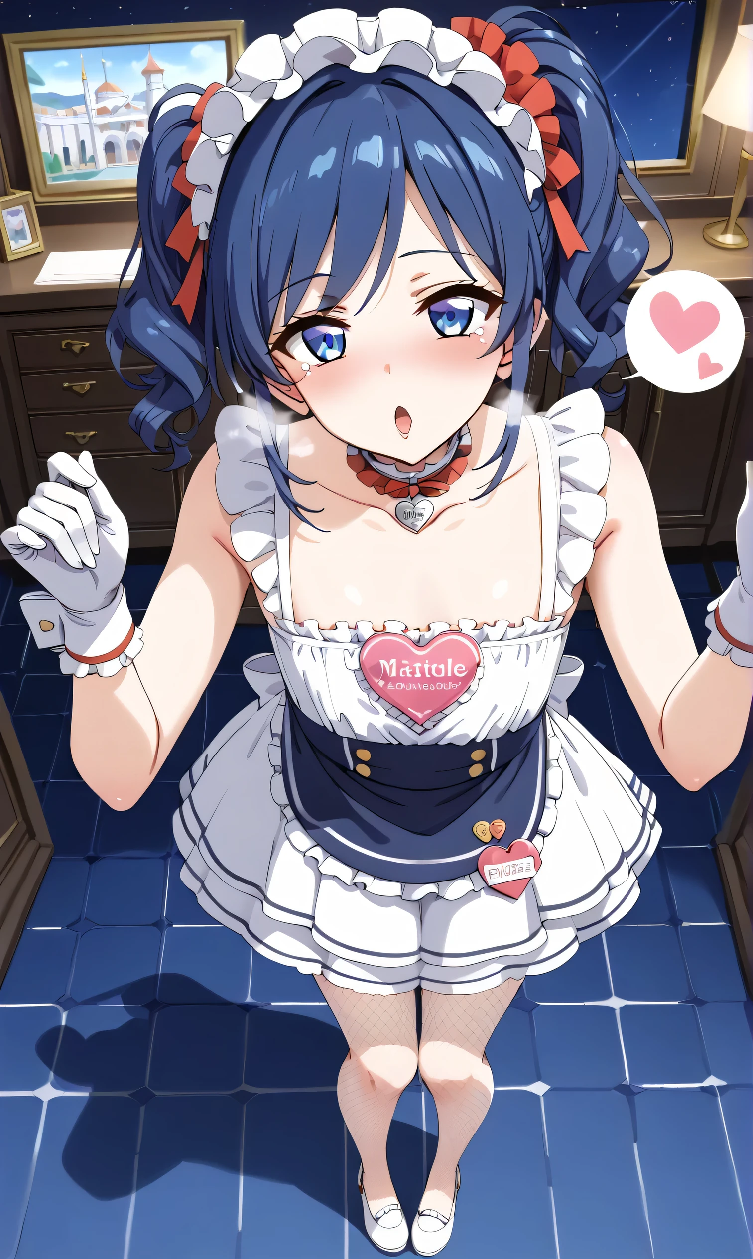 Aoi Kiriya, side ponytail, (top view), (dark bedroom at midnight), (best quality: 1.5), (masterpiece: 1.5), (2.5D), (vivid colors), (1 character), (exaggerated proportions), (transformation), (perfect anatomy), (central character), (absurd), (4K wallpaper) (detailed eyes), (perfect hands), (perfect fingers ), (beautiful skin), (voluptuous skin), (perfect shadow), (full body), (beautiful eyes), (masterpiece), (voluptuous body), (beautiful face), mature body , slightly shaggy short blue hair, blue eyes, heart nametag, (, ta, flat chest), white wearing frilly pink apron, long pink gloves, net tights, bright loving expression, mature adult female face, white steam, modest breasts, thighs, big buttocks,, good balance, leaning forward