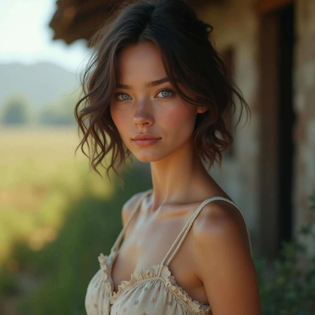 Costumes rustiques  :1.2, regardant le public, lumière, PARFAIT, soft lumière, peau haute résolution:1.2,  texture de peau réaliste , femme de 24 ans、un petit visage、Pas de maquillage,Buste B Cup、petite poitrine, yeux bleus, cheveux courts, cheveux brun foncé、zone rurale、