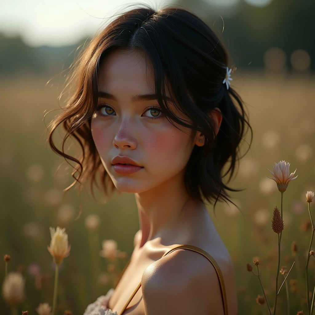 Costumes rustiques  :1.2, regardant le public, lumière, PARFAIT, soft lumière, peau haute résolution:1.2,  texture de peau réaliste , femme de 24 ans、un petit visage、Pas de maquillage,Buste B Cup、petite poitrine, yeux bleus, cheveux courts, cheveux brun foncé、zone rurale、