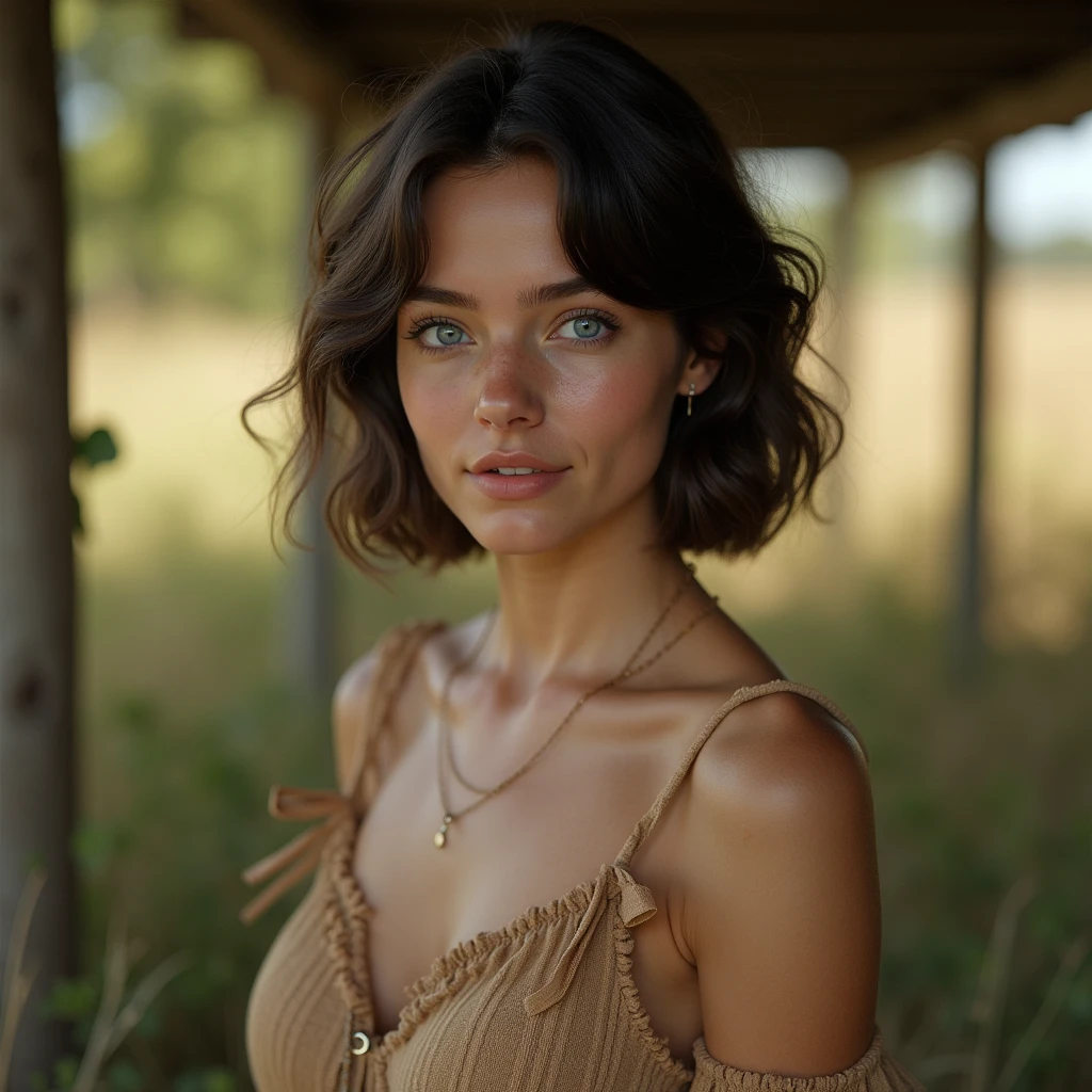 Costumes rustiques  :1.2, regardant le public, lumière, PARFAIT, soft lumière, peau haute résolution:1.2,  texture de peau réaliste , femme de 24 ans、un petit visage、Pas de maquillage,Buste B Cup、petite poitrine, yeux bleus, cheveux courts, cheveux brun foncé、zone rurale、