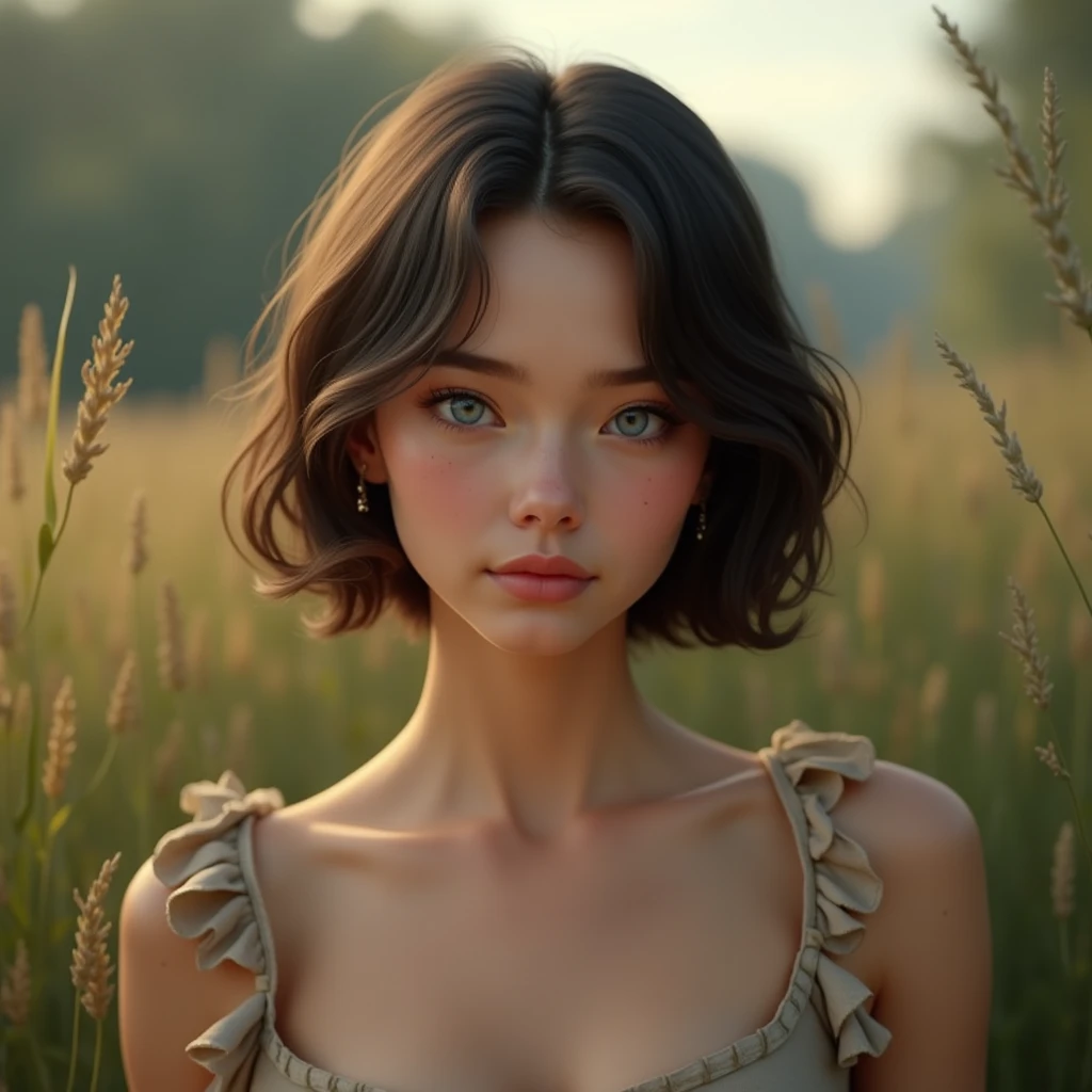 Costumes rustiques  :1.2, regardant le public, lumière, PARFAIT, soft lumière, peau haute résolution:1.2,  texture de peau réaliste , femme de 24 ans、un petit visage、Pas de maquillage,Buste B Cup、petite poitrine, yeux bleus, cheveux courts, cheveux brun foncé、zone rurale、