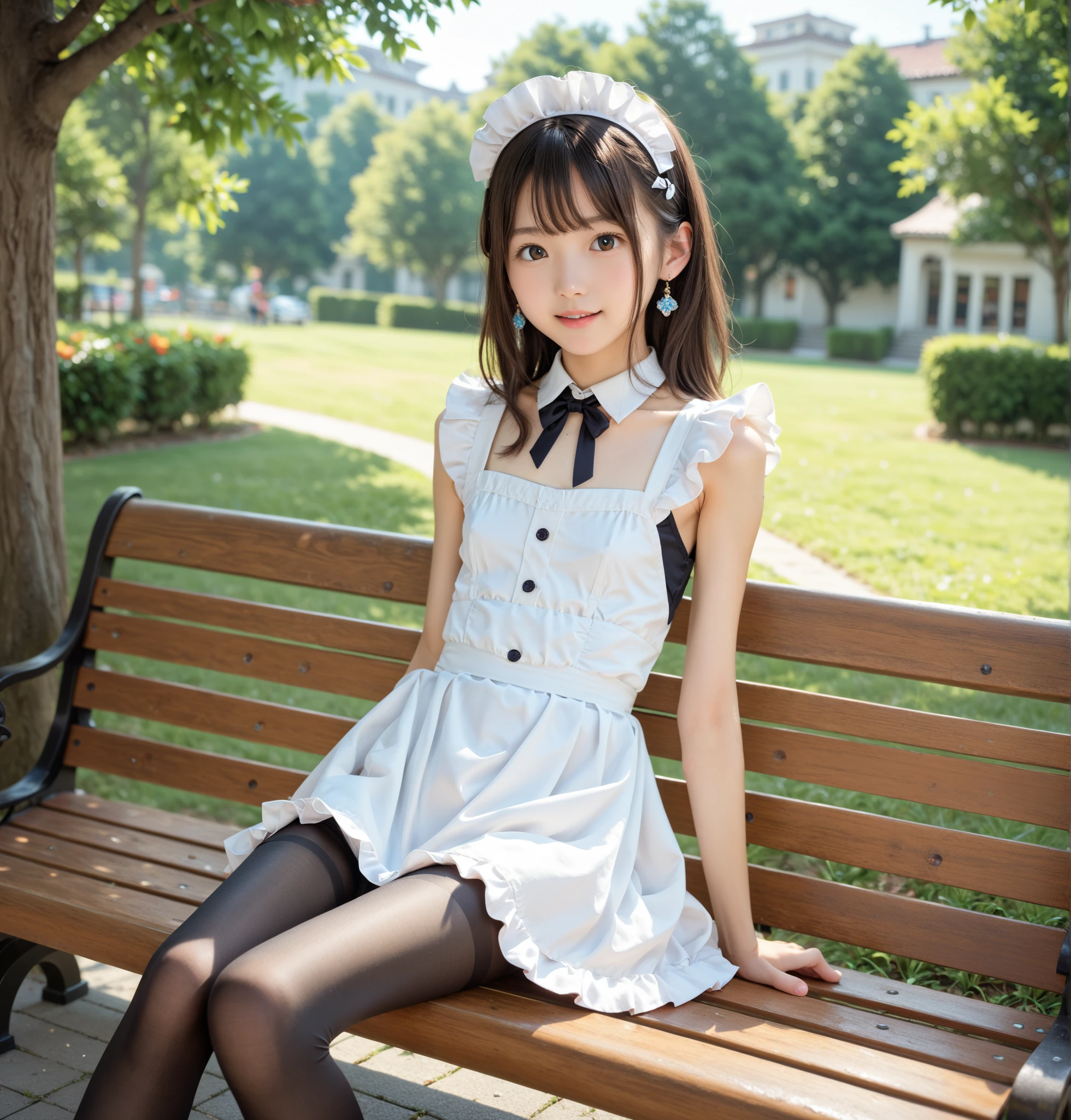  maid clothes ,university student,First Year,younger:0.5,skinny ,Lanky, anatomically correct, Cute Girl ,masterpiece,skinny ,Lanky, highest image quality taken by Ki,4K,8k,16k, dark brown eyes,Narrow shoulders:1.5,Thin arms, Japanese, black tights,score_8_up ,score_9,score_7_up ,rating_safe,Thin legs, sit on a park bench