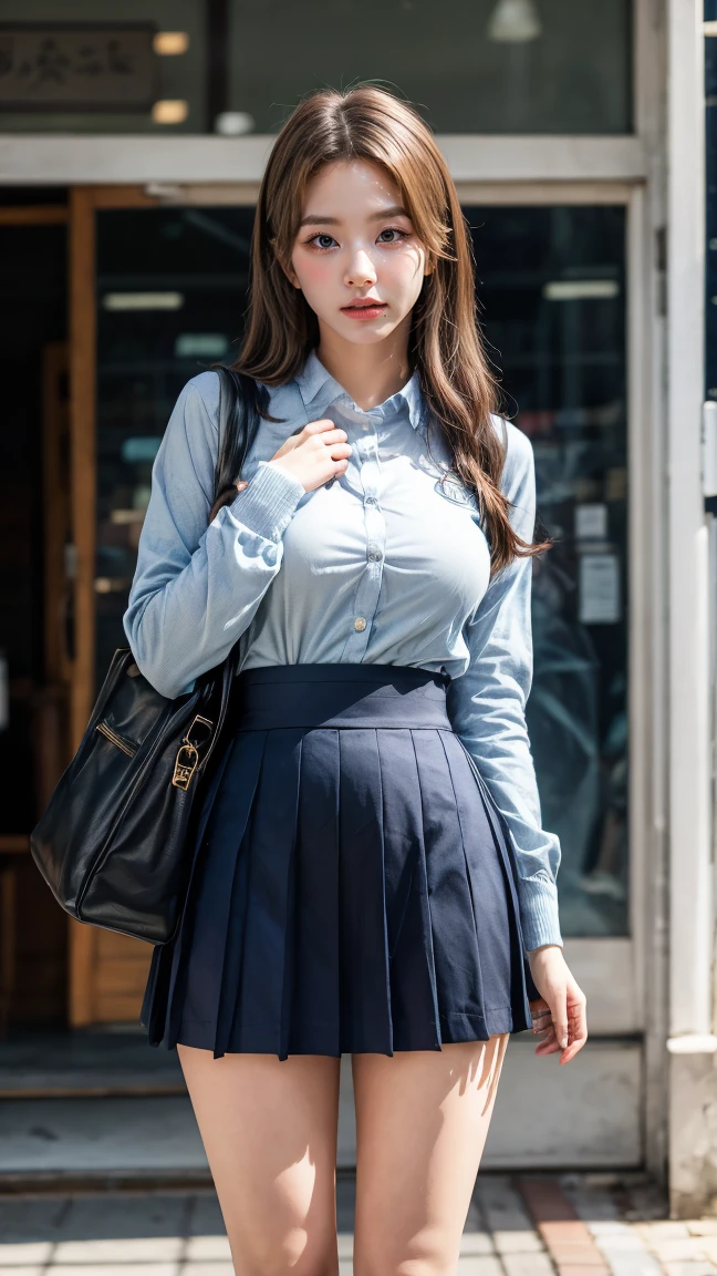 a beautiful 18 year old Japanese high school girl with perfect anatomy, healthy thighs, beautiful legs, beautiful skin, random hair color and style, large breasts, (wearing a Japanese schoolgirl uniform:1.3), (she is standing:1.2), penny loafers, holding a student bag, full body shot, standing on a city street, (best quality,4k,8k,highres,masterpiece:1.3),(extremely detailed:1.2), photorealistic, ultra-detailed, vivid colors, studio lighting, professional