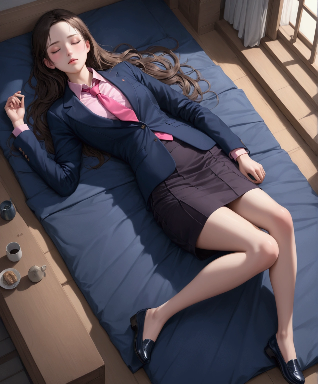 1woman, Young woman sleeping, dark room, moonlight, cold weather, full body, wide angle, shot from above, blanket, warming up by fire, cool tone image, thai university uniform, white short-sleeve shirt, black tight mini skirt, brown suede belt, metal shirt buttons, metal modern plate belt buckle, best quality, high detailed, masterpiece, 8k, superrealistic, emphasize thigh hip bottoms, pantylines, transparent shirt:1.2, see black bra under shirt:1.2, torn skirt, medium breast, slim and perfect figure, perfect body proportion