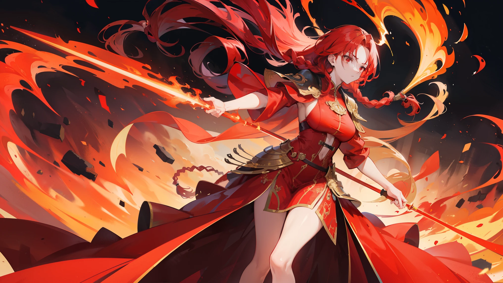 Female character in red mage robes, Multiple poses, Detailed front and back, Long crystal staff