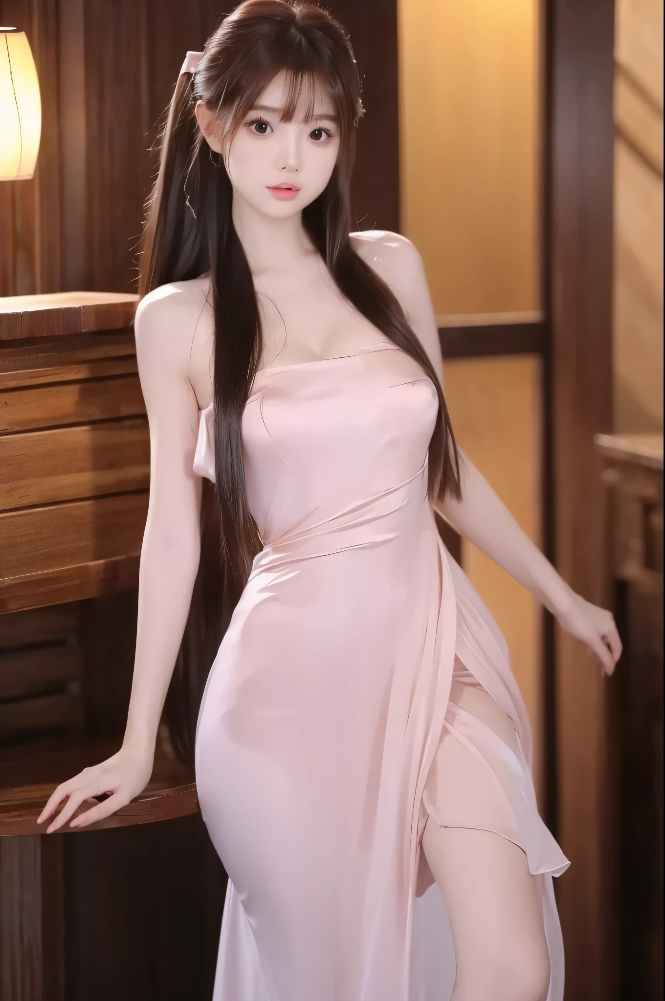  beautiful woman with perfect body：1.4，Layered Hairstyle， High Accuracy Face and Skin Textures ，Skin Whitening， long hair，Evening Dress