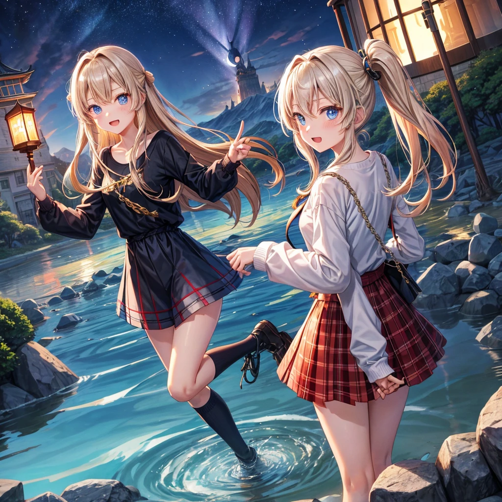Red, brown, gold, gold hair、Golden Eyes、Hair tied up、One good looking girl、solo、anime、Checkered mini skirt、Ruffles on the skirt、Checked dress、blouse、school uniform、Black knee-high socks、Wearing a baseball cap、Ribbon、Ribbon on waist、Teeth are visible、Silver coin necklace、From above、Cobblestones、waterfall、Starry Sky、Midnight Moon、suspension bridge、Soap bubbles are flying、beam、ripple、Rocks floating in water、Crab walking、Standing still、Eight Towers
