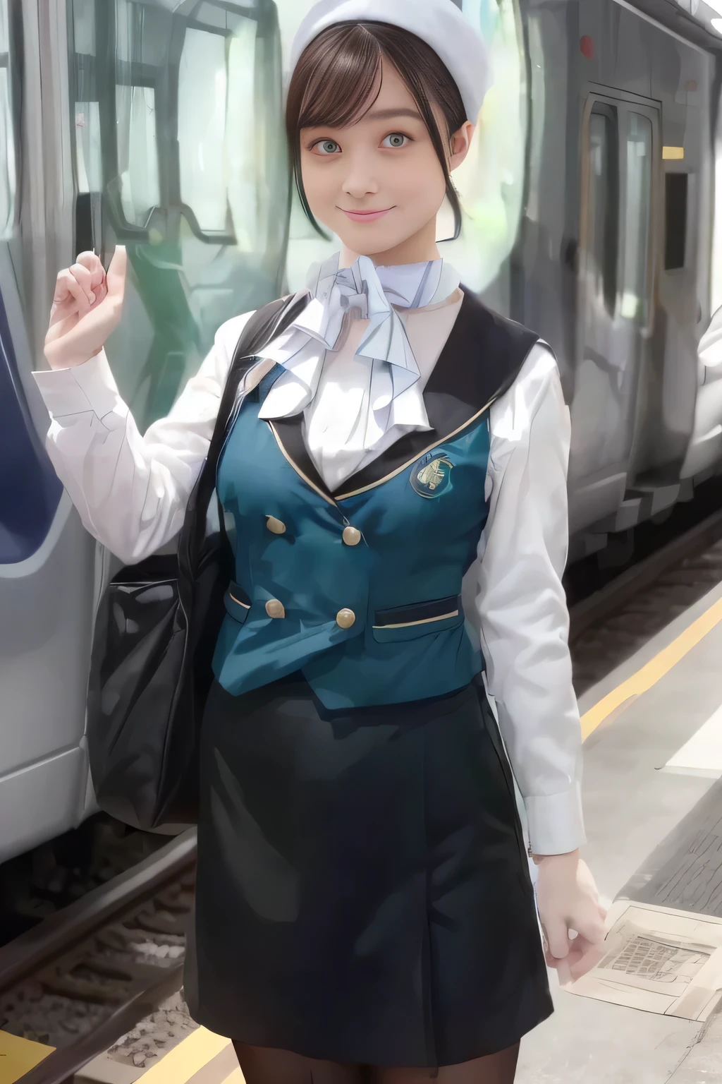 (Masterpiece:1.2, best quality :1.2), 32kHDR, kampala, (Alone、 1 girl)、(what 、 professional lights )、In-flight background、(Nankai Train crew uniformを着たリアルなスタイル)、(( Nankai Train Crew Uniform Green Vest ))、(( Nankai Train Crew Uniform Collarless White Long Sleeve Blouse )) 、(( Nankai Train Crew Uniform Black Curled Culotte Skirt 、 scarf wrapped around neck ))、 dark brown hair 、( long hair、 hair gathered、 hair gathered)、 dark brown hair 、 long hit 、Big Breasted 、Thin legs、(( Amazing hands :2.0)),(( harmonious body proportions :1.5)),((Normal limbs:2.0)),((Usually :2.0)),(( Delicate Eyes :2.0)),((Normal eyes:2.0)))、smile、(Nankai Train crew uniformを着た美しい姿)、Hands crossed underneath 、 and I'm not wearing a hat