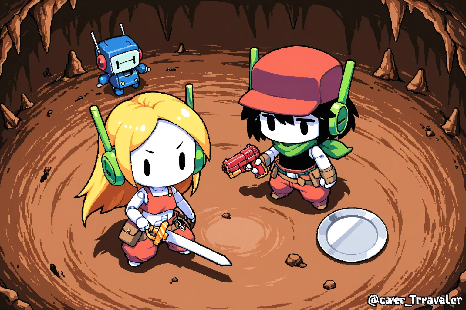 solo,(1couple:1.2). BREAK .1boy\(Mr-Traveler\(Quote,Cave Story\),white skin,(black tank-top),red pants,(green ear:1.3), green headset,red cap\(with (silver plate)\), black hair, green scarf, robot,holding white sword,chibi \). BREAK .1girl\(Curly Brace\(Cave Story\) holding red gun,long blonde,short red shirts,red pants,red gun,robot,open neck,open stomach, chibi \). BREAK .from above,pixel,masterpiece,best quality