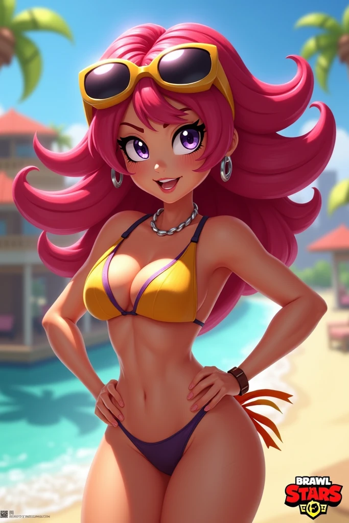 Pinkie Pie, 1 girl, Equestria Girls, magenta hair, long ponytail, blue eyes, clear pink skin, medium breasts, detailed body, detailed face, detailed eyes, glistering body, shiny body, gorgeous body, masterpiece, athletic body, full body, :3, ((magenta frilly bikini, flip flops)), beach, clear sky, sit on beach chair,