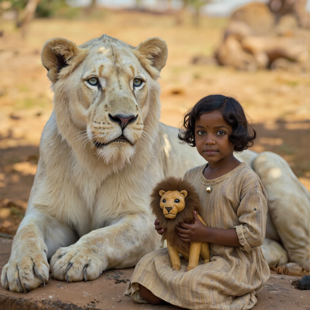 A young black girl with a radiant complexion, approximately  , sits poised on a weathered stone, her short, dark hair framing her heart-shaped face. Her bright blue eyes sparkle with wonder as she gently cradles a handcrafted wooden toy lion in her hands. (Behind her, a huge albino lion sits majestically with a gorgeous mane, its coat glistening white and its piercing gaze fixed forward.:1.4). The scene is set against a warm, sun-drenched savannah backdrop, with the golden light of late afternoon casting a cinematic glow. Shot on a V-Raptor XL, the image exudes the gritty texture of 35mm film, with a subtle film grain and vignette that adds depth and nuance. The color palette is meticulously graded to evoke a sense of timelessness, with the Canon lens capturing every detail in sharp, 64-megapixel focus. The bokeh is subtle, yet effective, blurring the background to emphasize the tender moment between the girl and the lion. The overall effect is a masterpiece of professional photography, a stunning, dramatic, and atmospheric image that rivals the great works of cinematic art. Influenced by the styles of Gordon Parks, Steve McCurry, and Nadav Kander, this photograph is a testament to the power of visual storytelling.